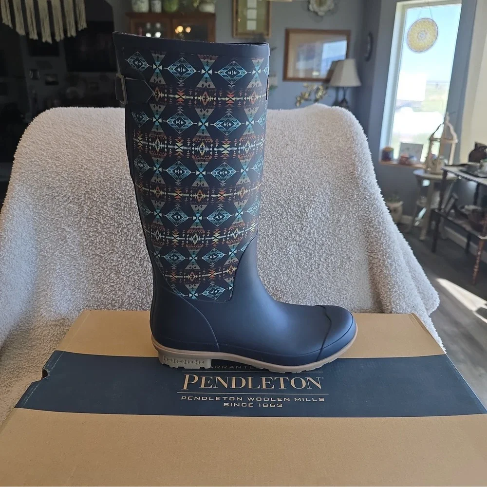 Pendleton Women's Diamond Peak Tall Navy Rain Boots Size 10 NIB Southwest Design